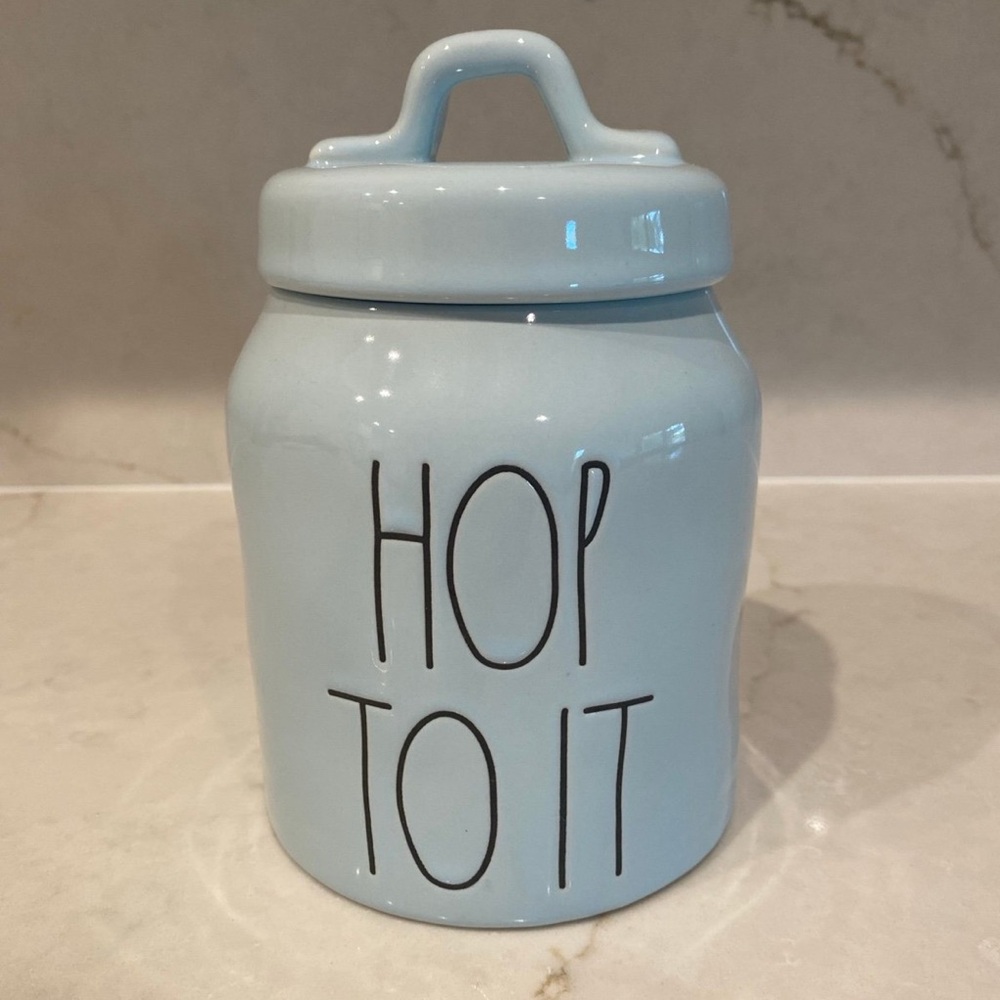 Rae Dunn Light Blue HOP TO IT baby Ceramic Canister